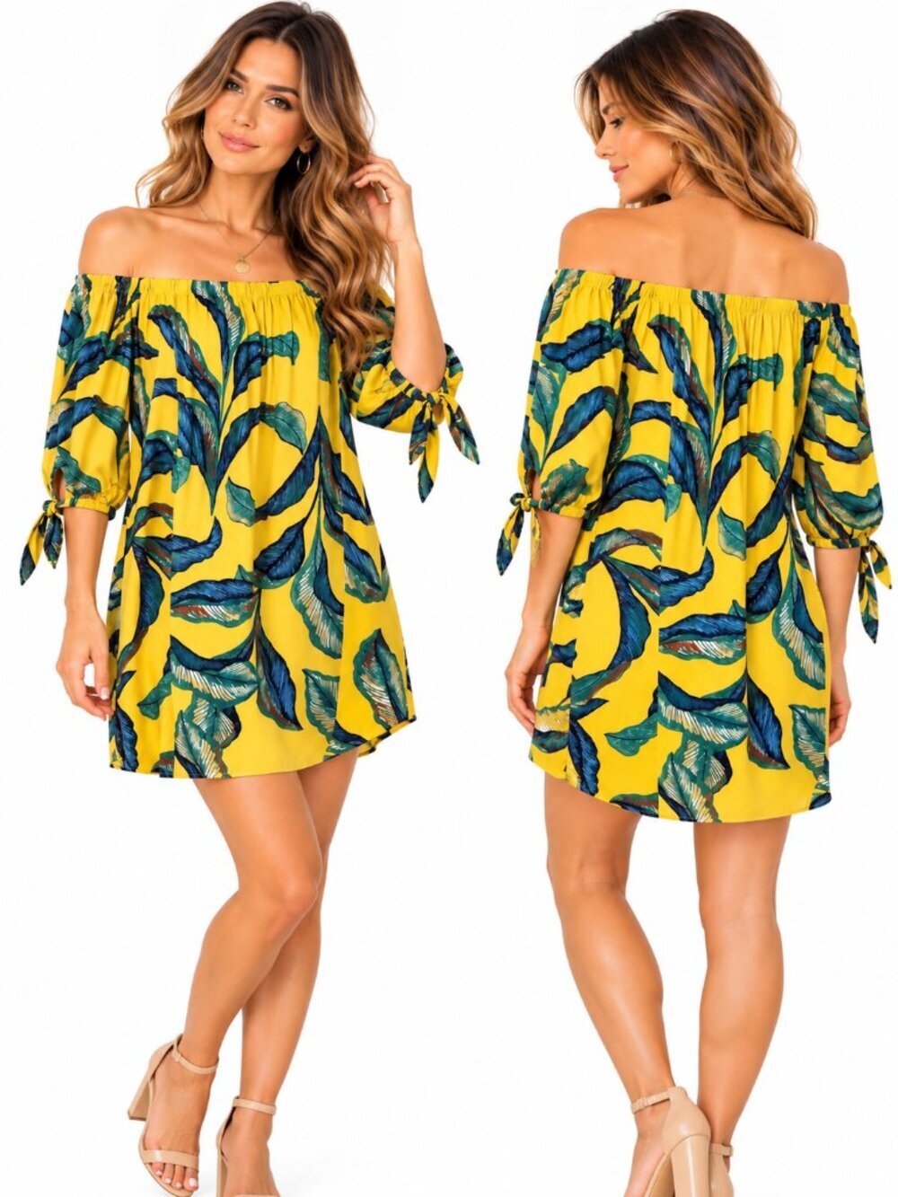 Forever 21 Womens Yellow Green Floral Dress S Resort 3/4 Sleeve Off Shoulder NWT